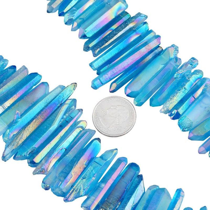 SUNYIK Blue Crystal Points Titanium Coated Quartz Rough Sticks Spikes Point Beads 15 inch Strand Drilled - Image 5